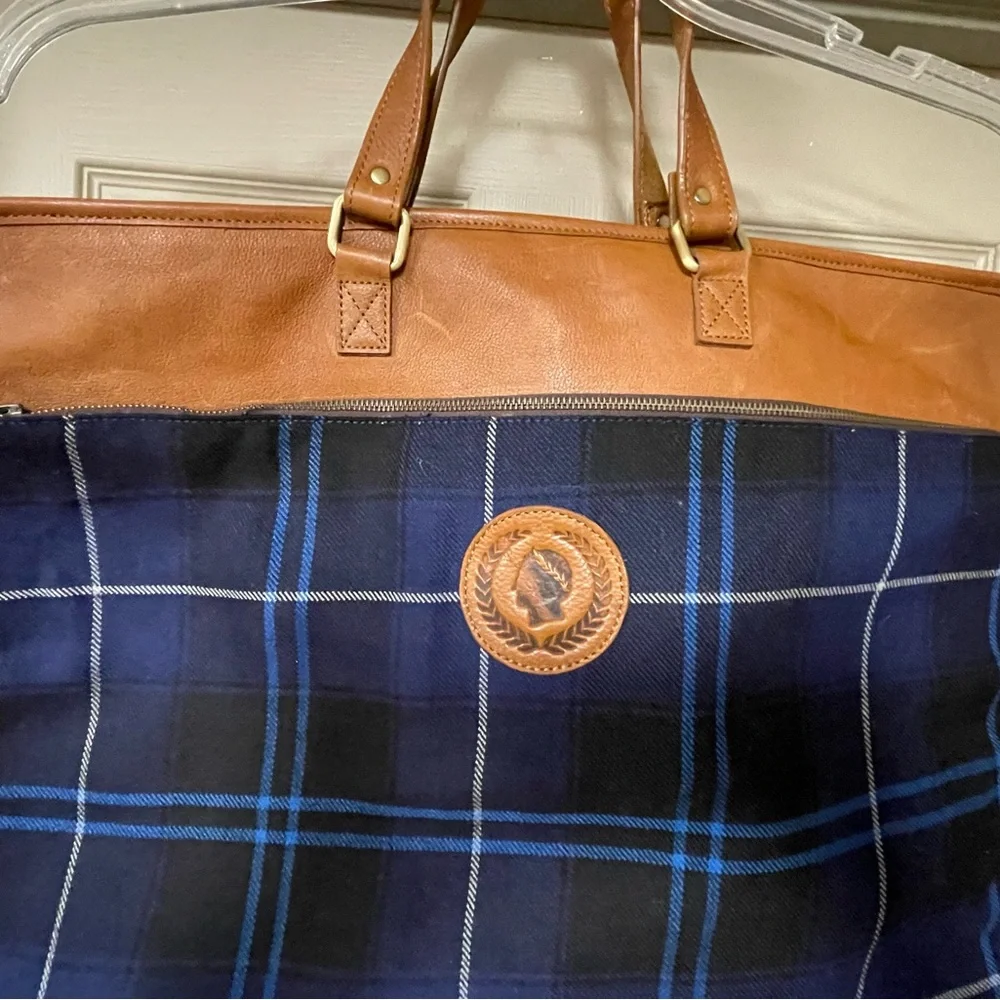 F H Wadsworth NYC Plaid Garment Bag with Leather Accents Caesers Palace Emblem